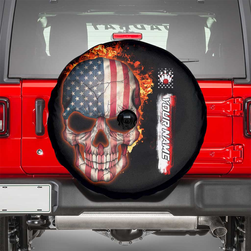 American Flag Skull Design Spare Tire Cover with Bowling Elements and Fire Background with Custom Team Name Text - Wonder Print Shop