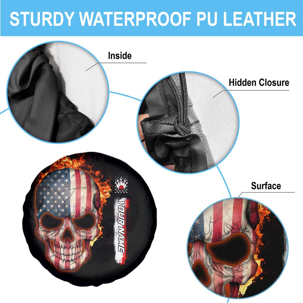 American Flag Skull Design Spare Tire Cover with Bowling Elements and Fire Background with Custom Team Name Text - Wonder Print Shop