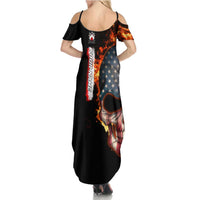 American Flag Skull Design Summer Maxi Dress with Bowling Elements and Fire Background with Custom Team Name Text - Wonder Print Shop