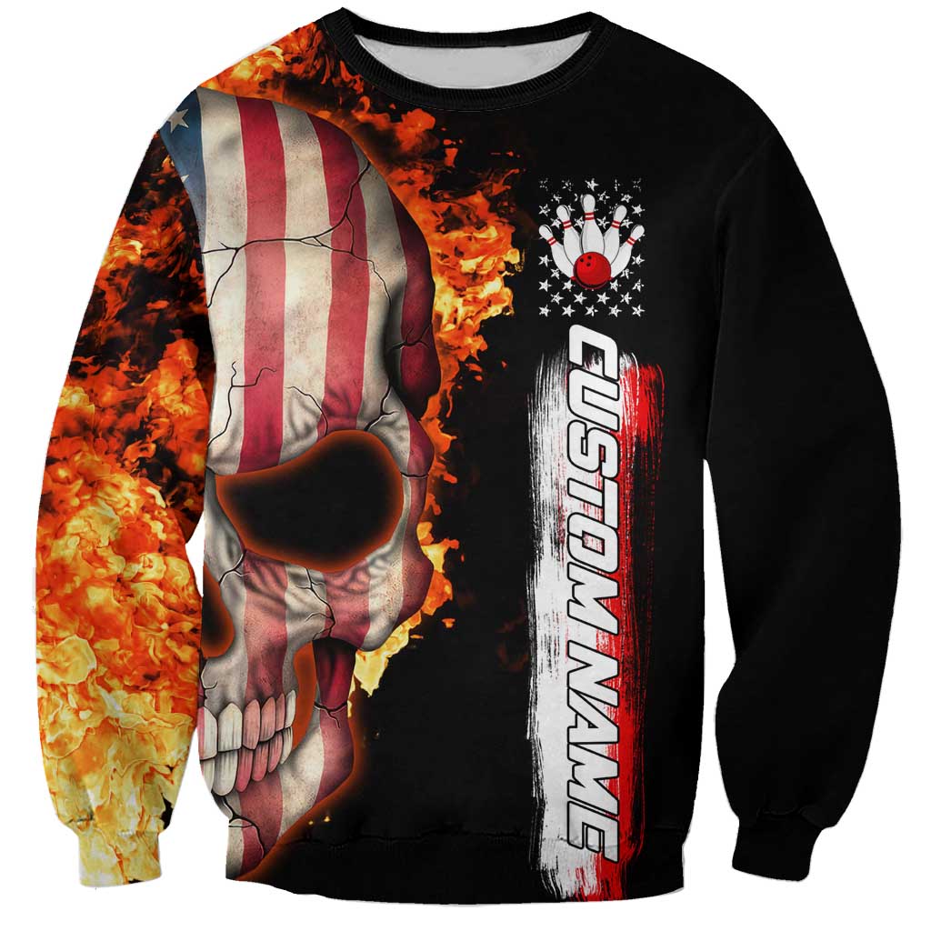 American Flag Skull Design Sweatshirt with Bowling Elements and Fire Background with Custom Team Name Text - Wonder Print Shop