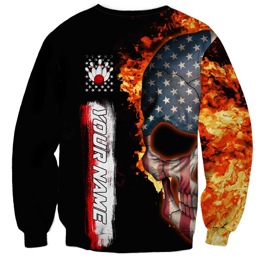 American Flag Skull Design Sweatshirt with Bowling Elements and Fire Background with Custom Team Name Text - Wonder Print Shop