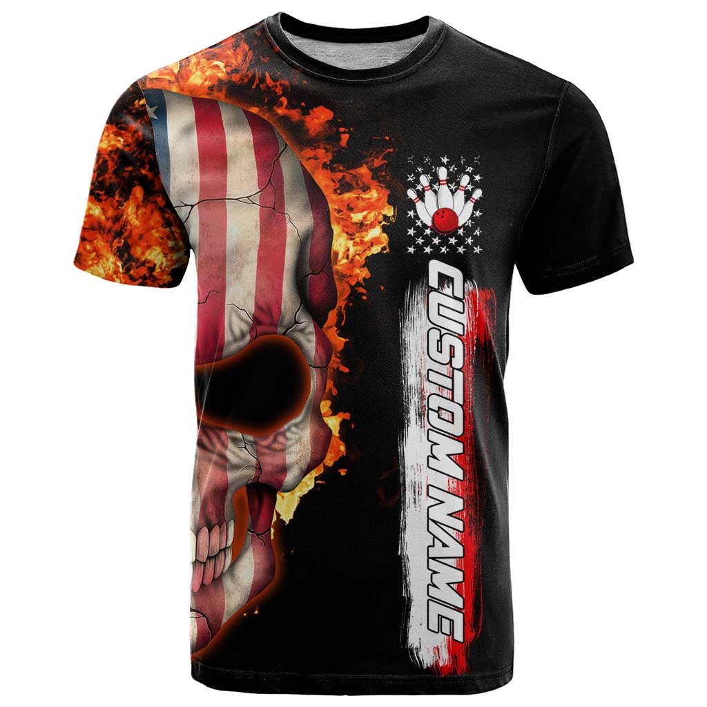 American Flag Skull Design T Shirt with Bowling Elements and Fire Background with Custom Team Name Text - Wonder Print Shop