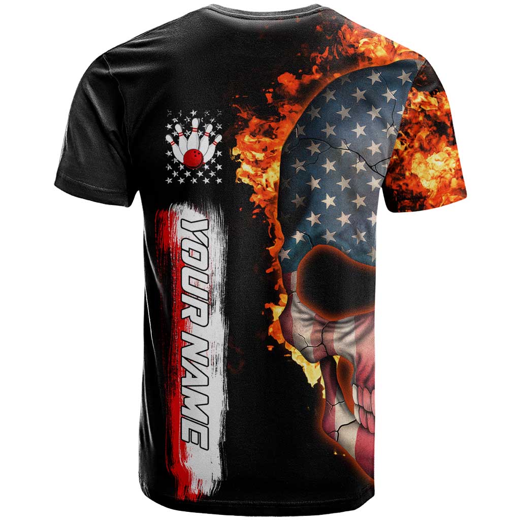 American Flag Skull Design T Shirt with Bowling Elements and Fire Background with Custom Team Name Text - Wonder Print Shop