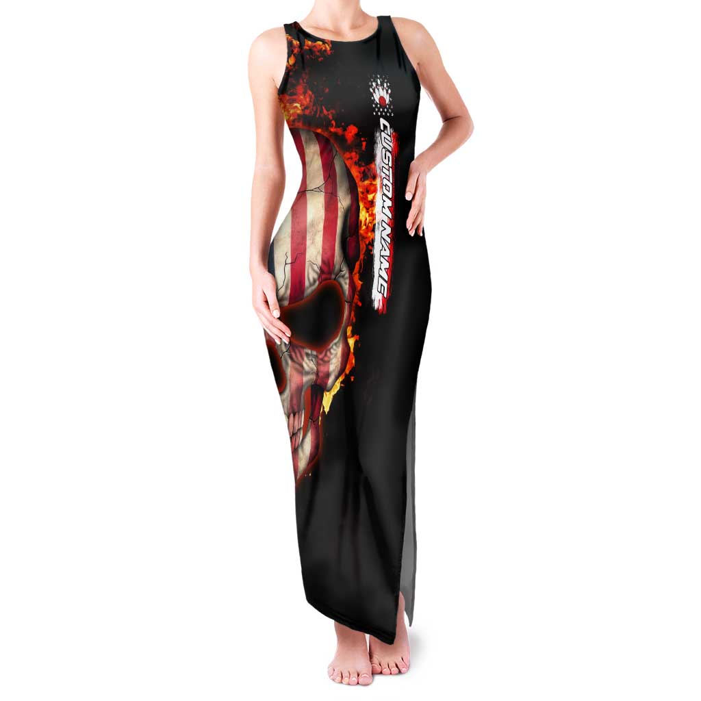 American Flag Skull Design Tank Maxi Dress with Bowling Elements and Fire Background with Custom Team Name Text - Wonder Print Shop