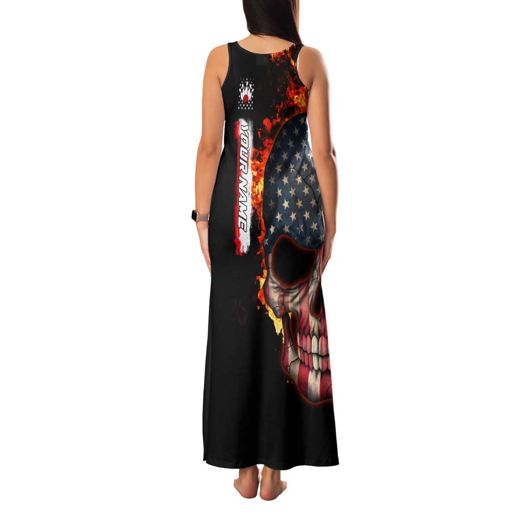American Flag Skull Design Tank Maxi Dress with Bowling Elements and Fire Background with Custom Team Name Text - Wonder Print Shop
