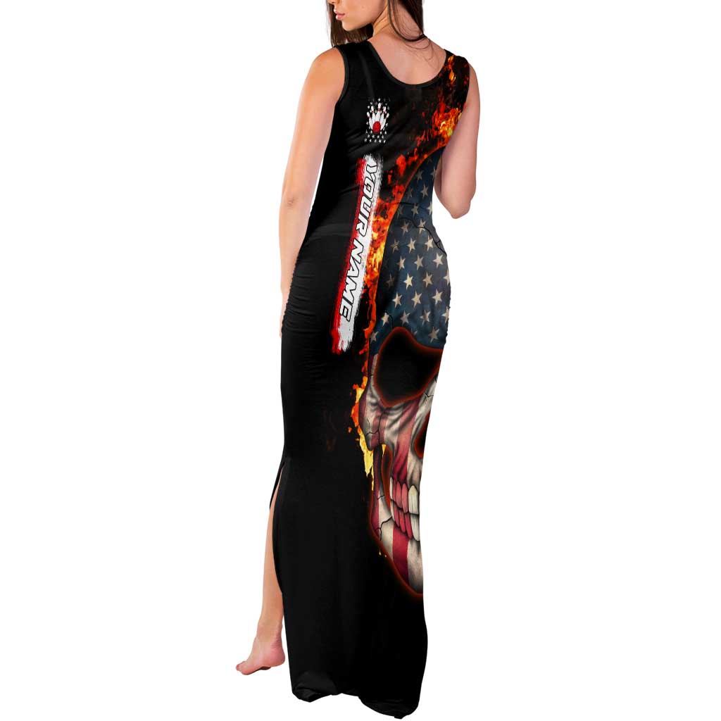 American Flag Skull Design Tank Maxi Dress with Bowling Elements and Fire Background with Custom Team Name Text - Wonder Print Shop