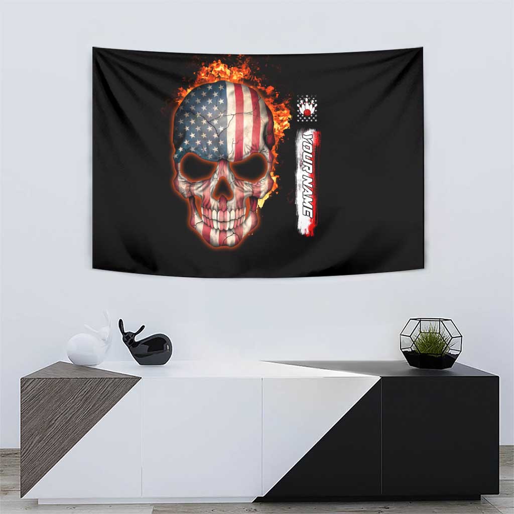 American Flag Skull Design Tapestry with Bowling Elements and Fire Background with Custom Team Name Text - Wonder Print Shop
