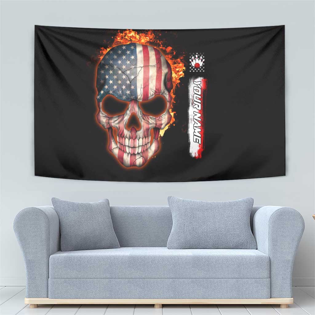 American Flag Skull Design Tapestry with Bowling Elements and Fire Background with Custom Team Name Text - Wonder Print Shop