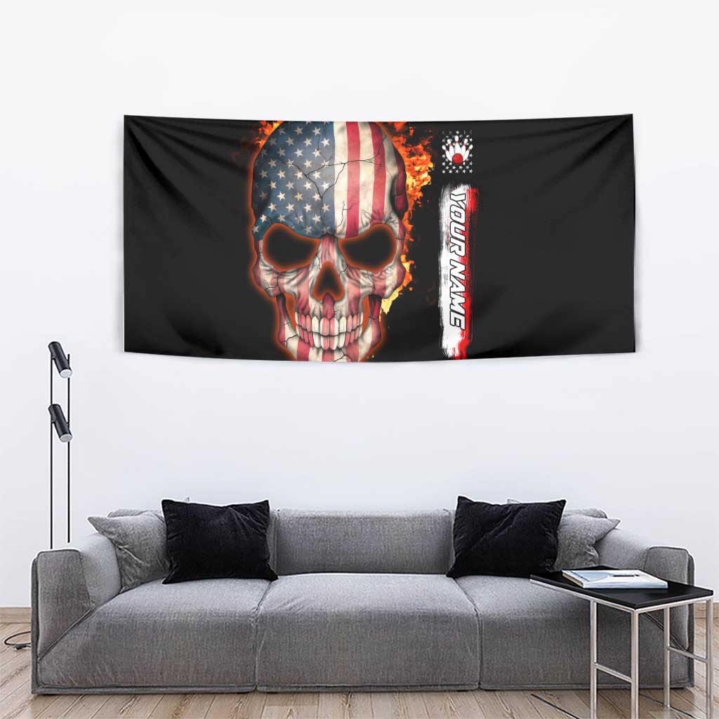 American Flag Skull Design Tapestry with Bowling Elements and Fire Background with Custom Team Name Text - Wonder Print Shop