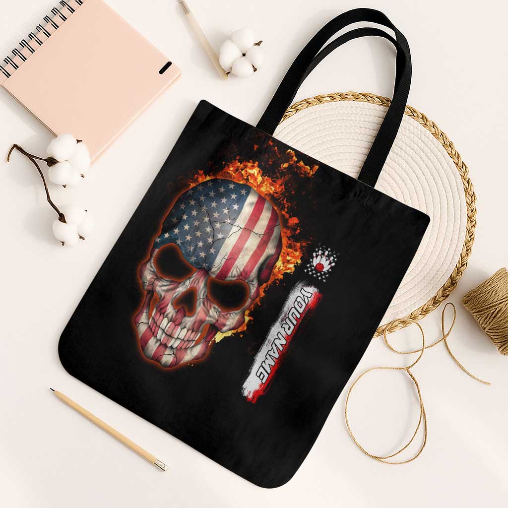 American Flag Skull Design Tote Bag with Bowling Elements and Fire Background with Custom Team Name Text - Wonder Print Shop
