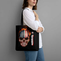 American Flag Skull Design Tote Bag with Bowling Elements and Fire Background with Custom Team Name Text - Wonder Print Shop