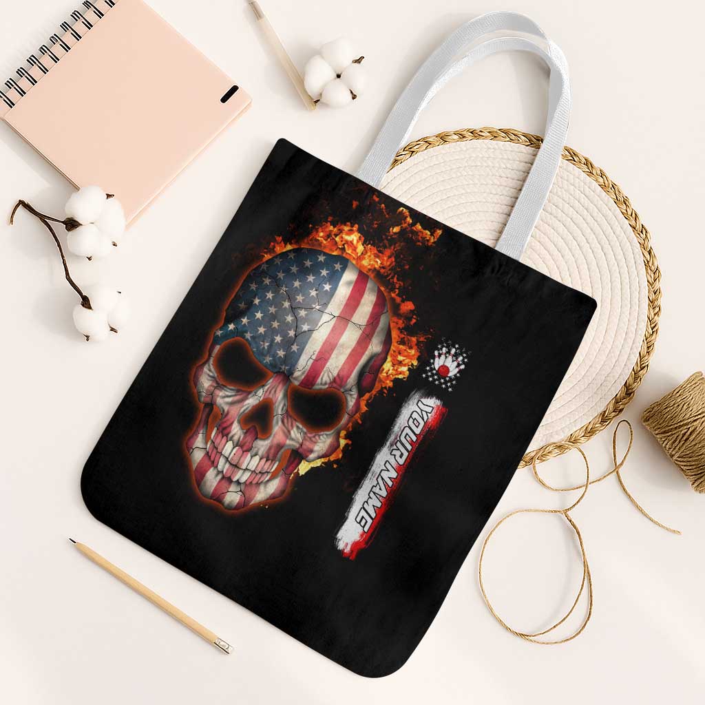 American Flag Skull Design Tote Bag with Bowling Elements and Fire Background with Custom Team Name Text - Wonder Print Shop