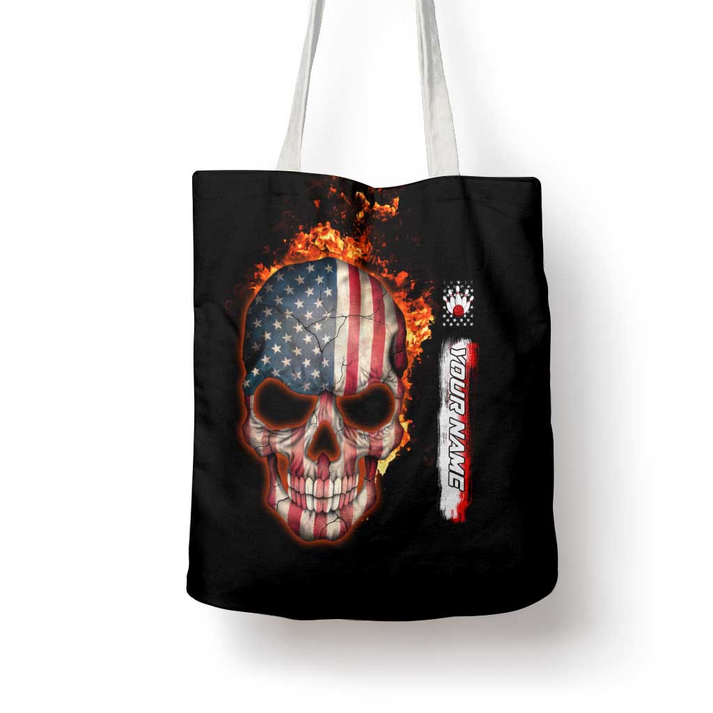 American Flag Skull Design Tote Bag with Bowling Elements and Fire Background with Custom Team Name Text - Wonder Print Shop