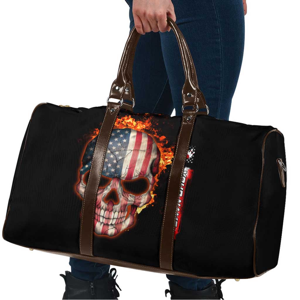 American Flag Skull Design Travel Bag with Bowling Elements and Fire Background with Custom Team Name Text - Wonder Print Shop