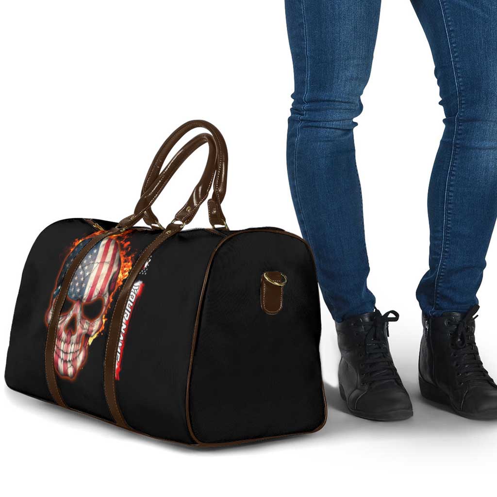 American Flag Skull Design Travel Bag with Bowling Elements and Fire Background with Custom Team Name Text - Wonder Print Shop
