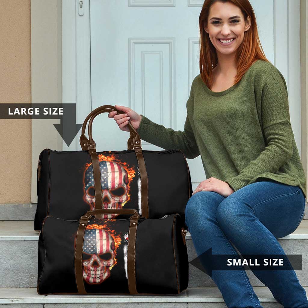 American Flag Skull Design Travel Bag with Bowling Elements and Fire Background with Custom Team Name Text - Wonder Print Shop