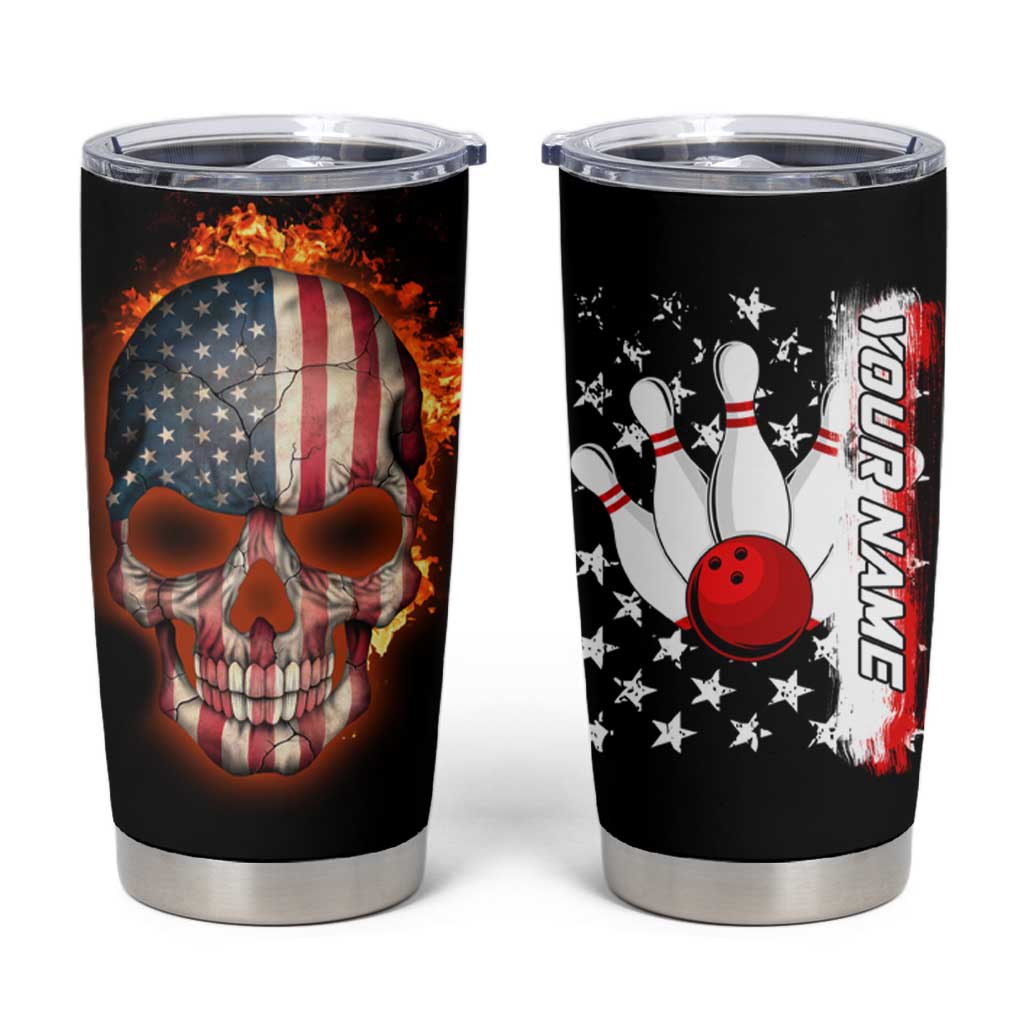 American Flag Skull Design Tumbler Cup with Bowling Elements and Fire Background with Custom Team Name Text - Wonder Print Shop