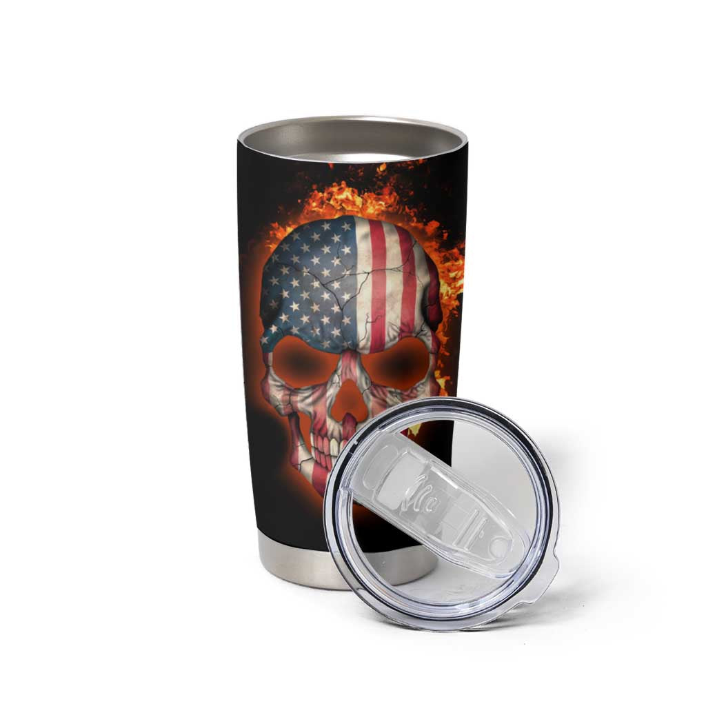 American Flag Skull Design Tumbler Cup with Bowling Elements and Fire Background with Custom Team Name Text - Wonder Print Shop