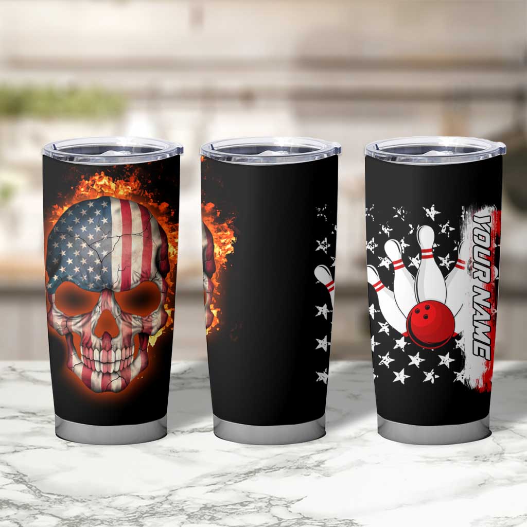 American Flag Skull Design Tumbler Cup with Bowling Elements and Fire Background with Custom Team Name Text - Wonder Print Shop