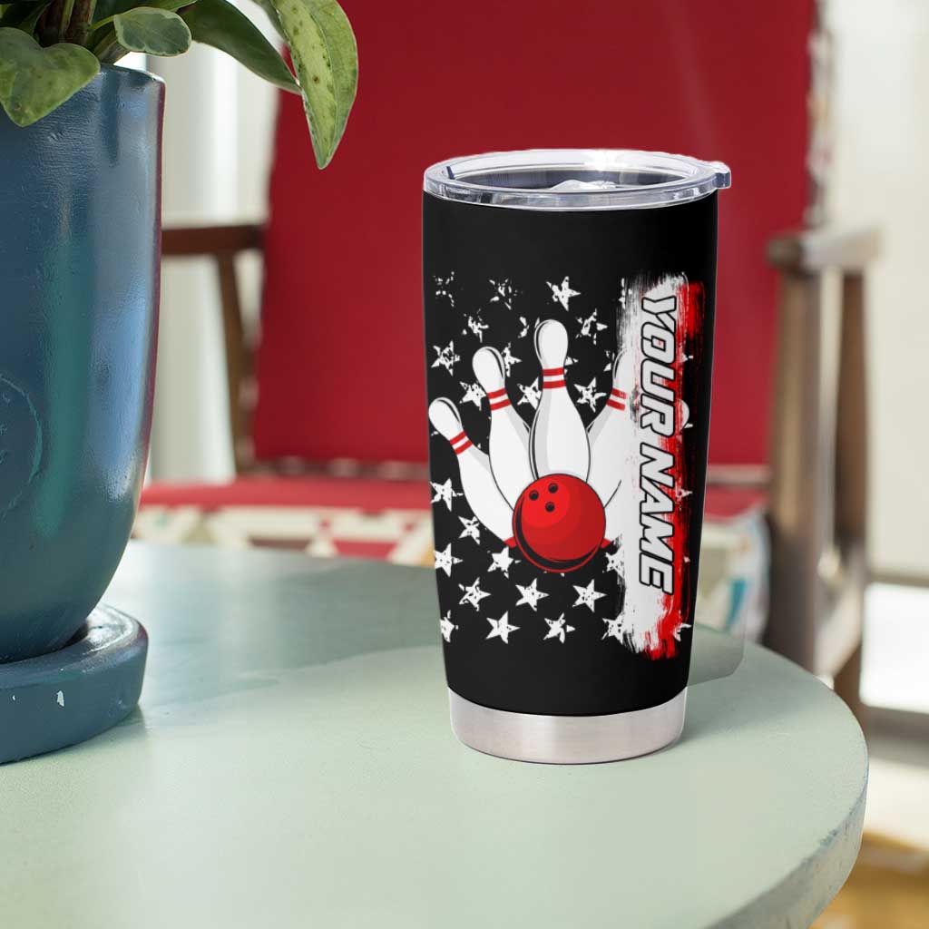 American Flag Skull Design Tumbler Cup with Bowling Elements and Fire Background with Custom Team Name Text - Wonder Print Shop