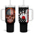 American Flag Skull Design Tumbler With Handle with Bowling Elements and Fire Background with Custom Team Name Text - Wonder Print Shop