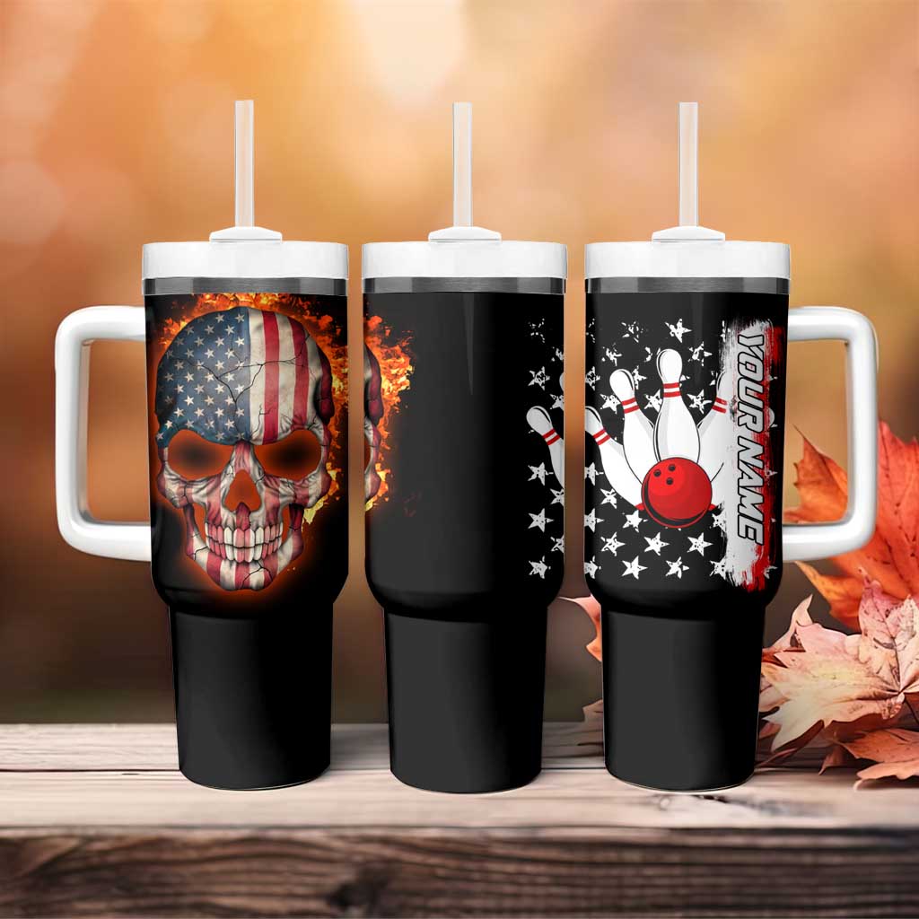 American Flag Skull Design Tumbler With Handle with Bowling Elements and Fire Background with Custom Team Name Text - Wonder Print Shop