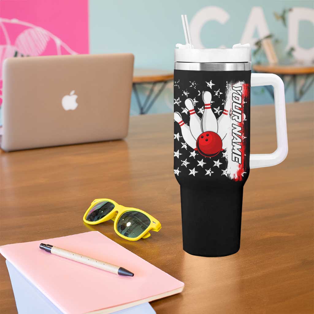 American Flag Skull Design Tumbler With Handle with Bowling Elements and Fire Background with Custom Team Name Text - Wonder Print Shop
