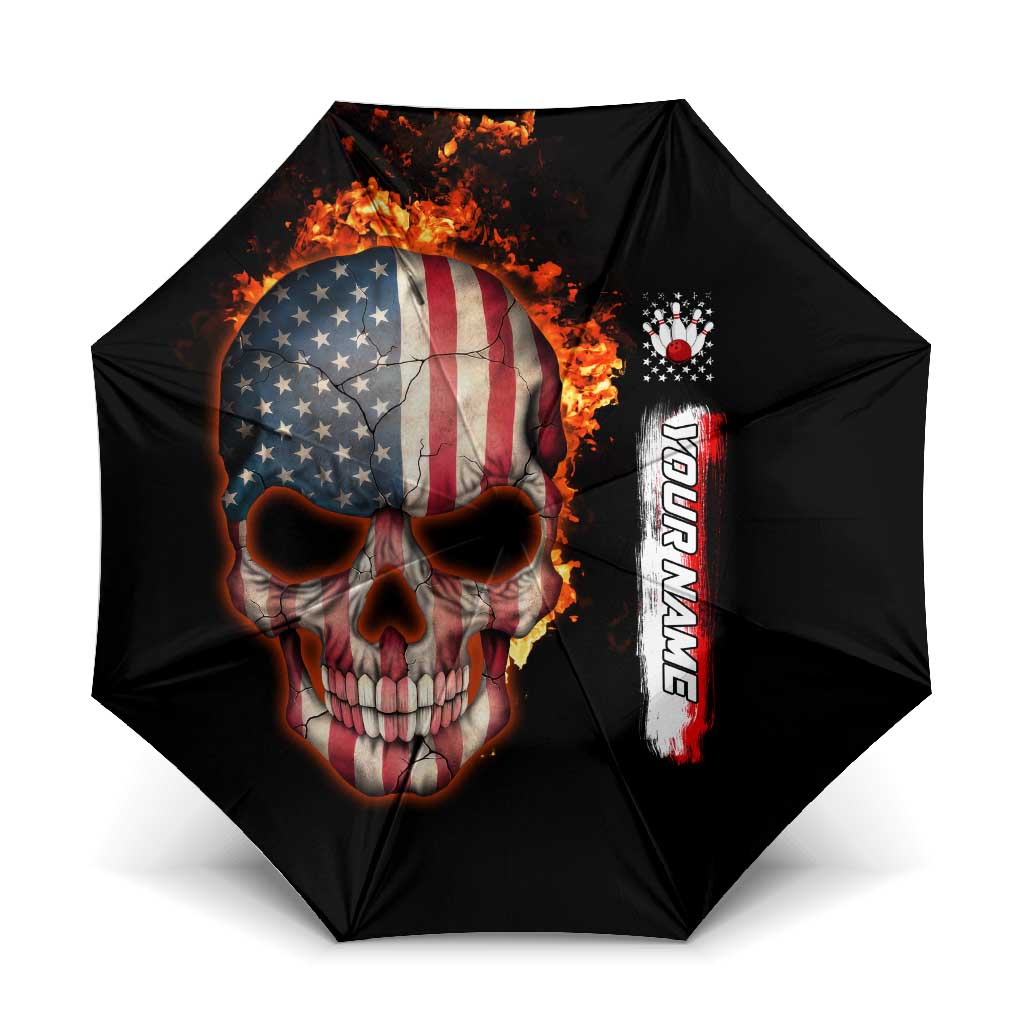 American Flag Skull Design Umbrella with Bowling Elements and Fire Background with Custom Team Name Text - Wonder Print Shop