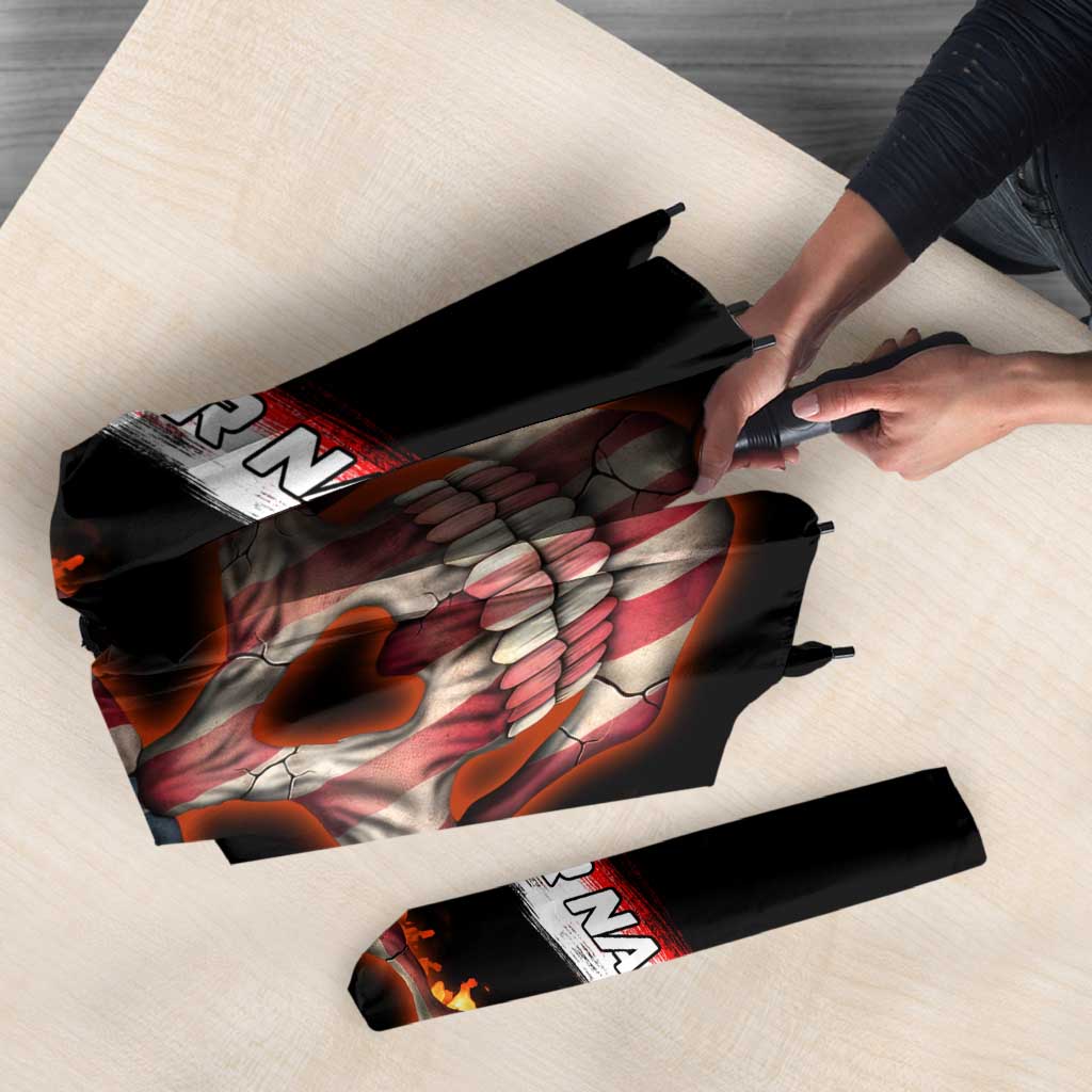 American Flag Skull Design Umbrella with Bowling Elements and Fire Background with Custom Team Name Text - Wonder Print Shop