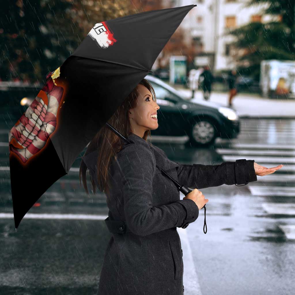 American Flag Skull Design Umbrella with Bowling Elements and Fire Background with Custom Team Name Text - Wonder Print Shop