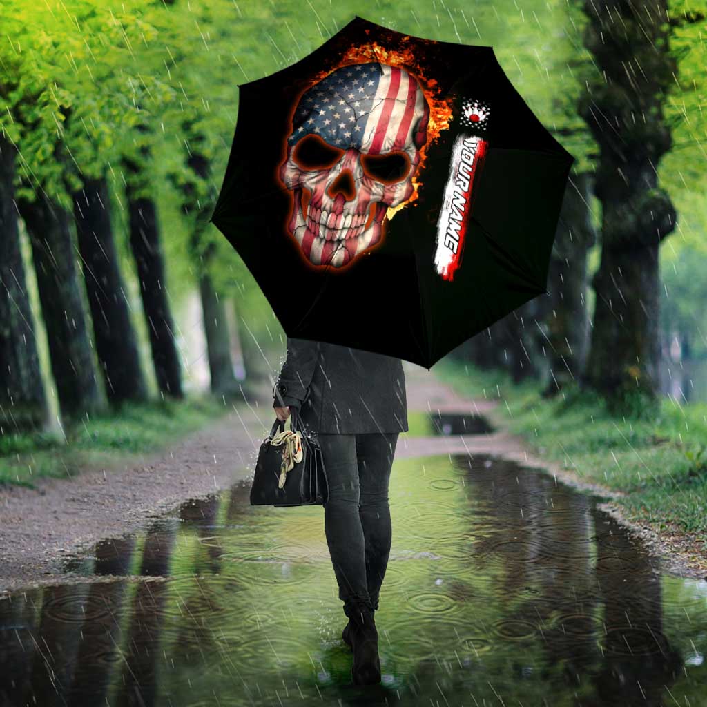 American Flag Skull Design Umbrella with Bowling Elements and Fire Background with Custom Team Name Text - Wonder Print Shop
