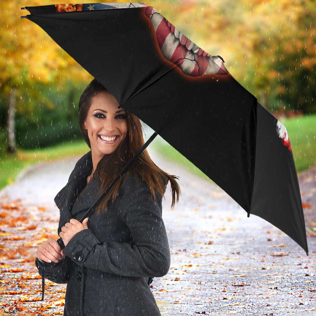 American Flag Skull Design Umbrella with Bowling Elements and Fire Background with Custom Team Name Text - Wonder Print Shop