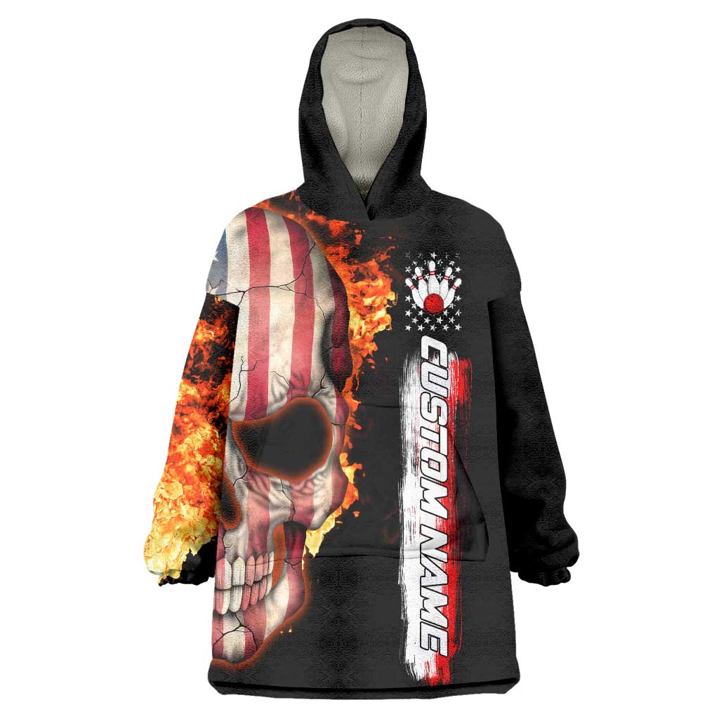 American Flag Skull Design Wearable Blanket Hoodie with Bowling Elements and Fire Background with Custom Team Name Text - Wonder Print Shop