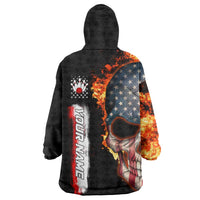 American Flag Skull Design Wearable Blanket Hoodie with Bowling Elements and Fire Background with Custom Team Name Text - Wonder Print Shop