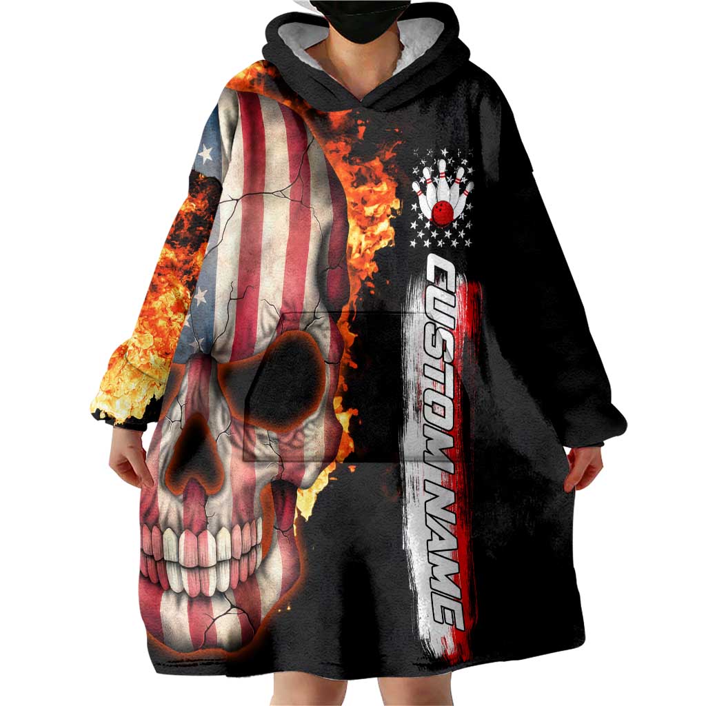 American Flag Skull Design Wearable Blanket Hoodie with Bowling Elements and Fire Background with Custom Team Name Text - Wonder Print Shop