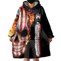 American Flag Skull Design Wearable Blanket Hoodie with Bowling Elements and Fire Background with Custom Team Name Text - Wonder Print Shop
