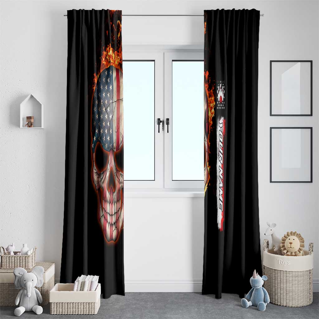 American Flag Skull Design Window Curtain with Bowling Elements and Fire Background with Custom Team Name Text - Wonder Print Shop
