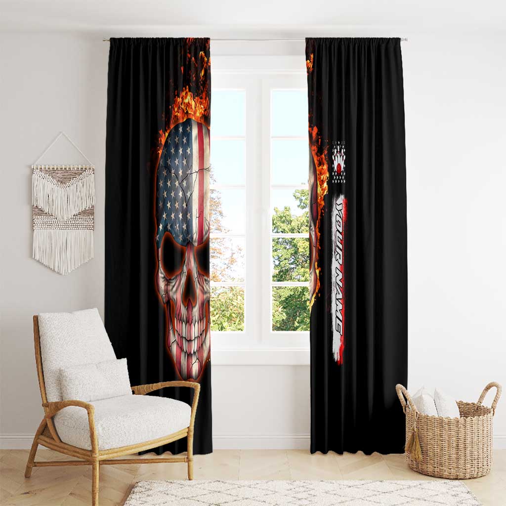 American Flag Skull Design Window Curtain with Bowling Elements and Fire Background with Custom Team Name Text - Wonder Print Shop