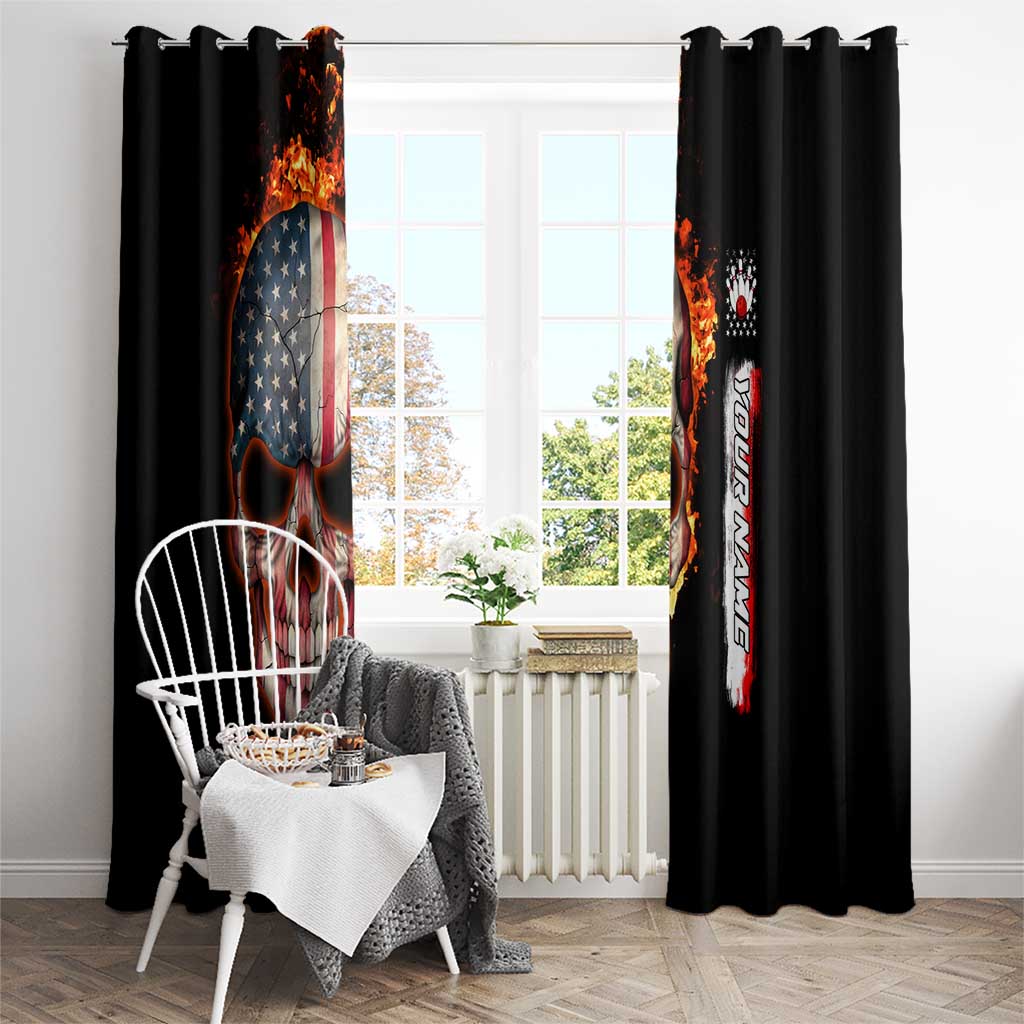 American Flag Skull Design Window Curtain with Bowling Elements and Fire Background with Custom Team Name Text - Wonder Print Shop