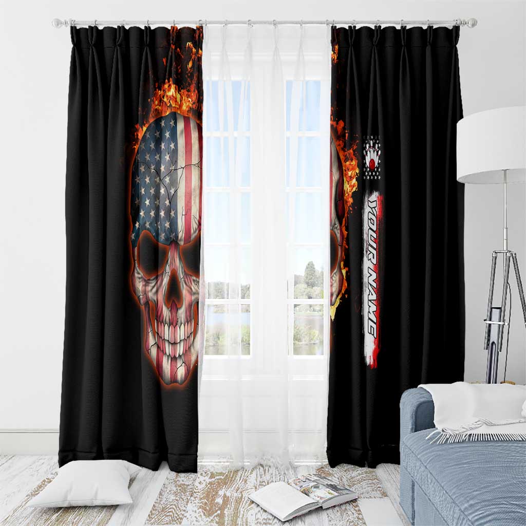 American Flag Skull Design Window Curtain with Bowling Elements and Fire Background with Custom Team Name Text - Wonder Print Shop