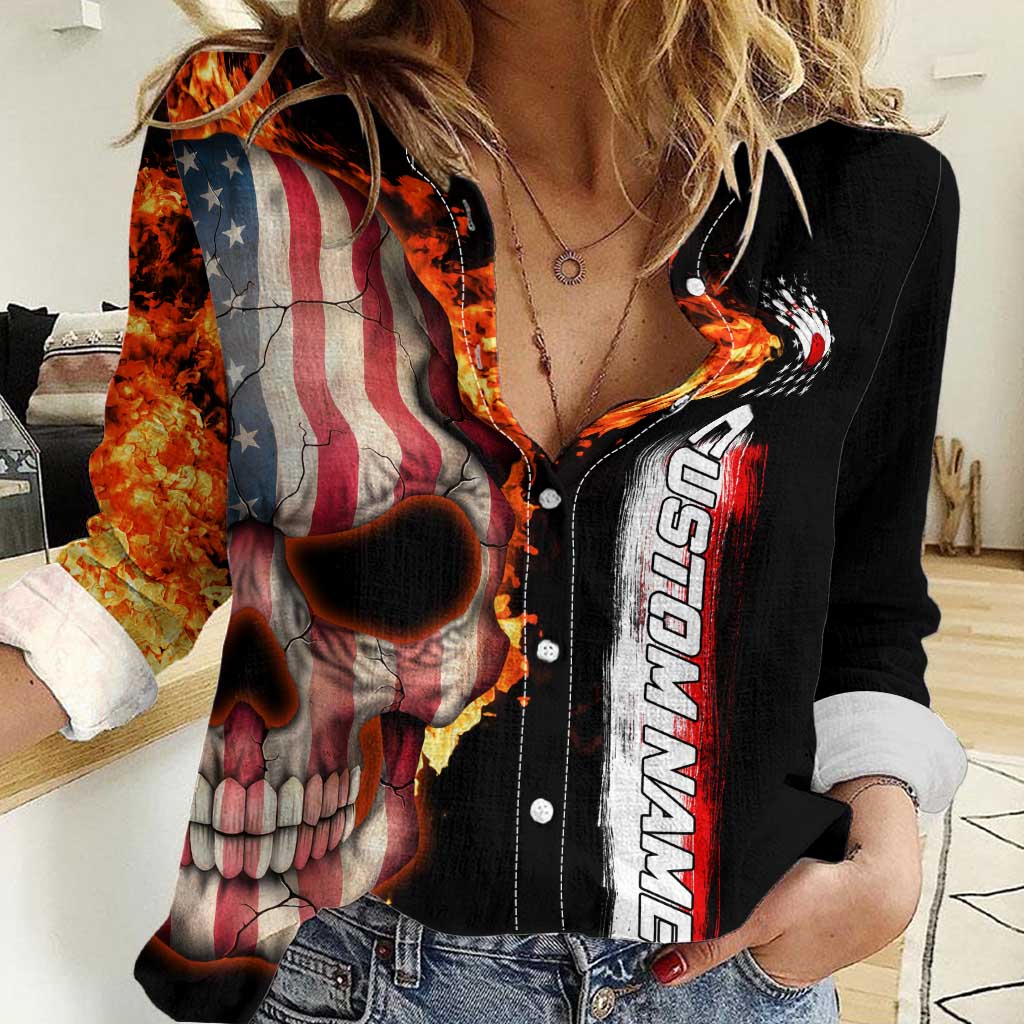 American Flag Skull Design Women Casual Shirt with Bowling Elements and Fire Background with Custom Team Name Text - Wonder Print Shop