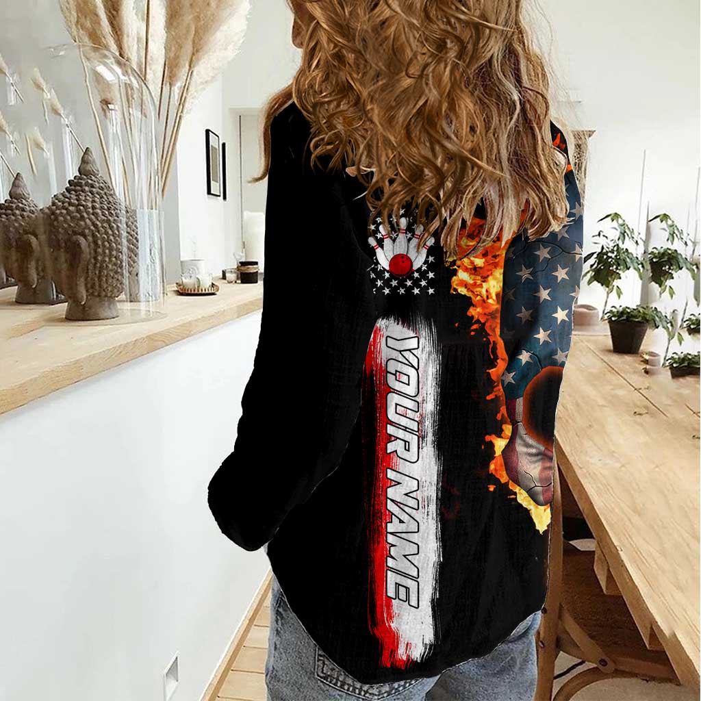 American Flag Skull Design Women Casual Shirt with Bowling Elements and Fire Background with Custom Team Name Text - Wonder Print Shop