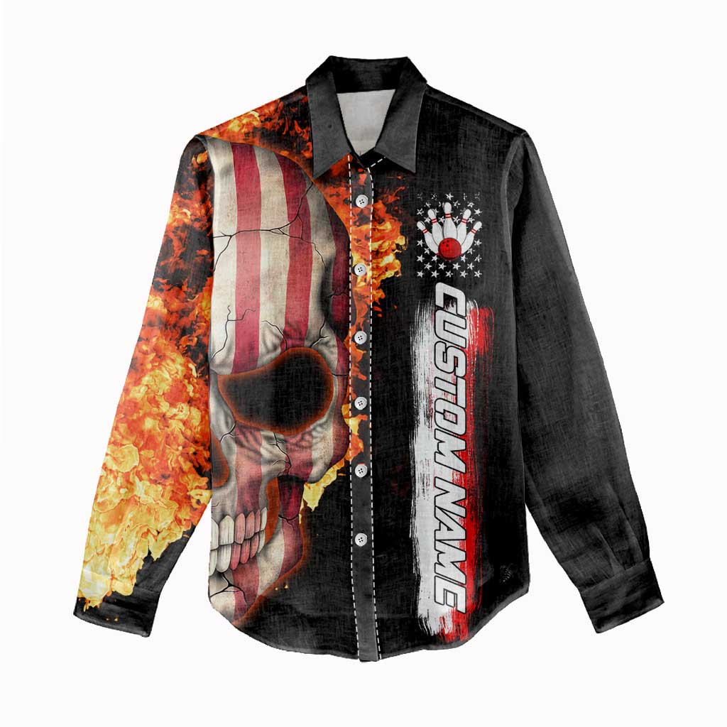 American Flag Skull Design Women Casual Shirt with Bowling Elements and Fire Background with Custom Team Name Text - Wonder Print Shop