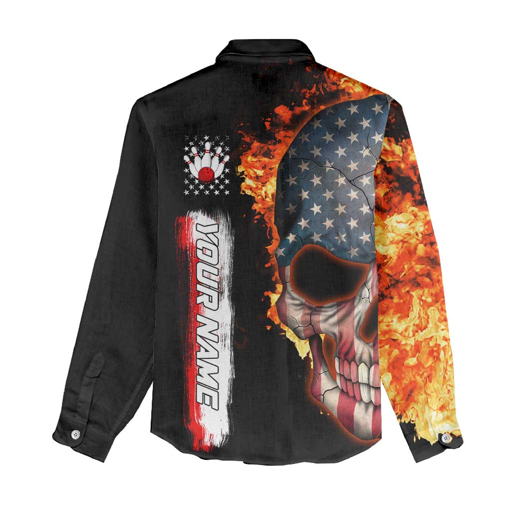 American Flag Skull Design Women Casual Shirt with Bowling Elements and Fire Background with Custom Team Name Text - Wonder Print Shop