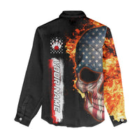 American Flag Skull Design Women Casual Shirt with Bowling Elements and Fire Background with Custom Team Name Text - Wonder Print Shop