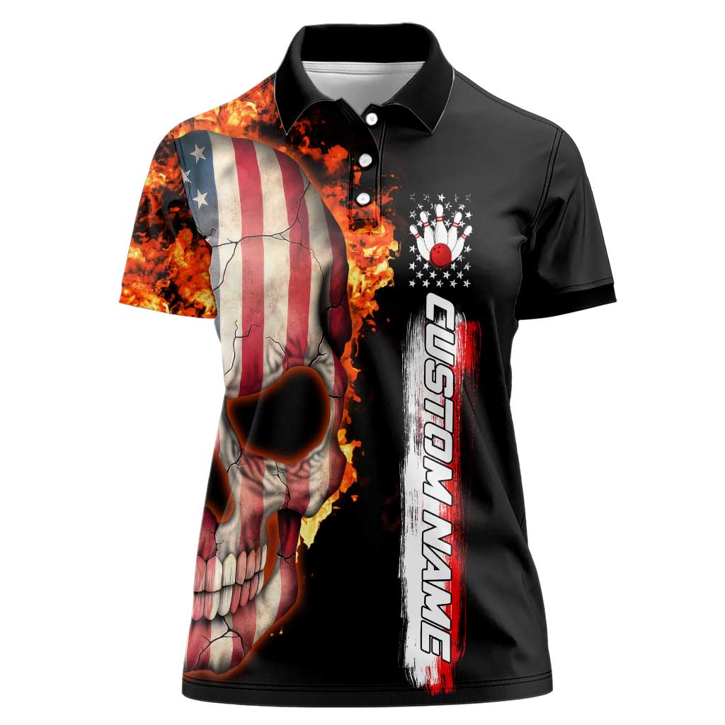 American Flag Skull Design Women Polo Shirt with Bowling Elements and Fire Background with Custom Team Name Text - Wonder Print Shop