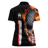 American Flag Skull Design Women Polo Shirt with Bowling Elements and Fire Background with Custom Team Name Text - Wonder Print Shop