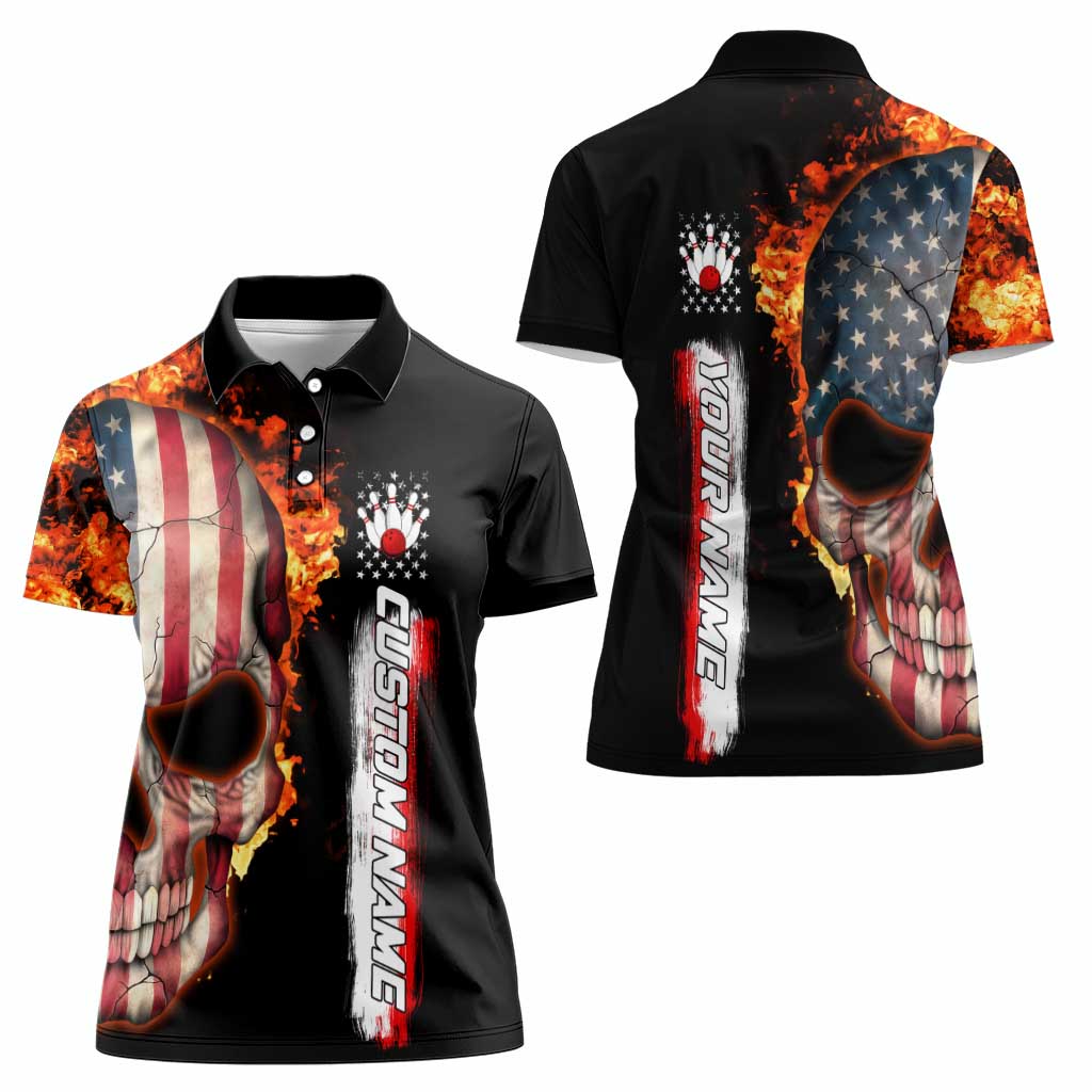 American Flag Skull Design Women Polo Shirt with Bowling Elements and Fire Background with Custom Team Name Text - Wonder Print Shop