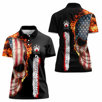 American Flag Skull Design Women Polo Shirt with Bowling Elements and Fire Background with Custom Team Name Text - Wonder Print Shop