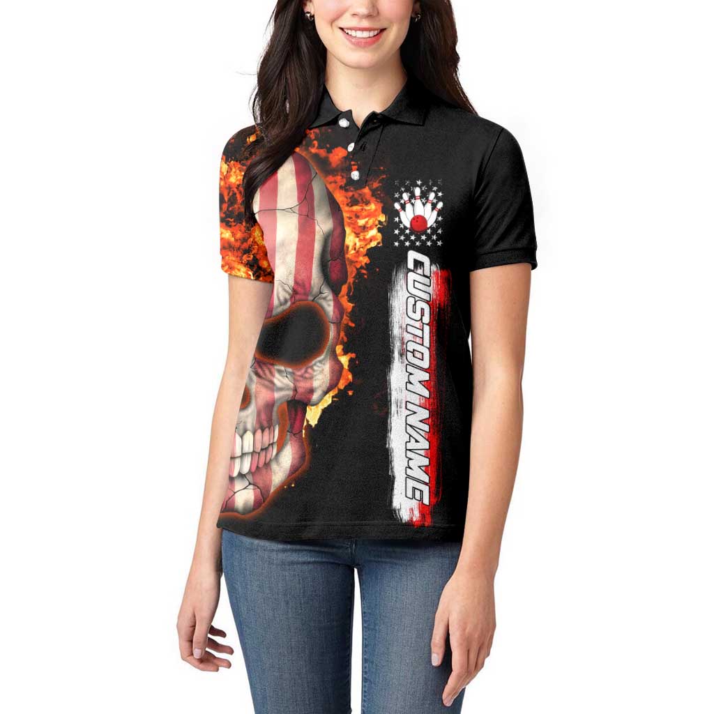 American Flag Skull Design Women Polo Shirt with Bowling Elements and Fire Background with Custom Team Name Text - Wonder Print Shop